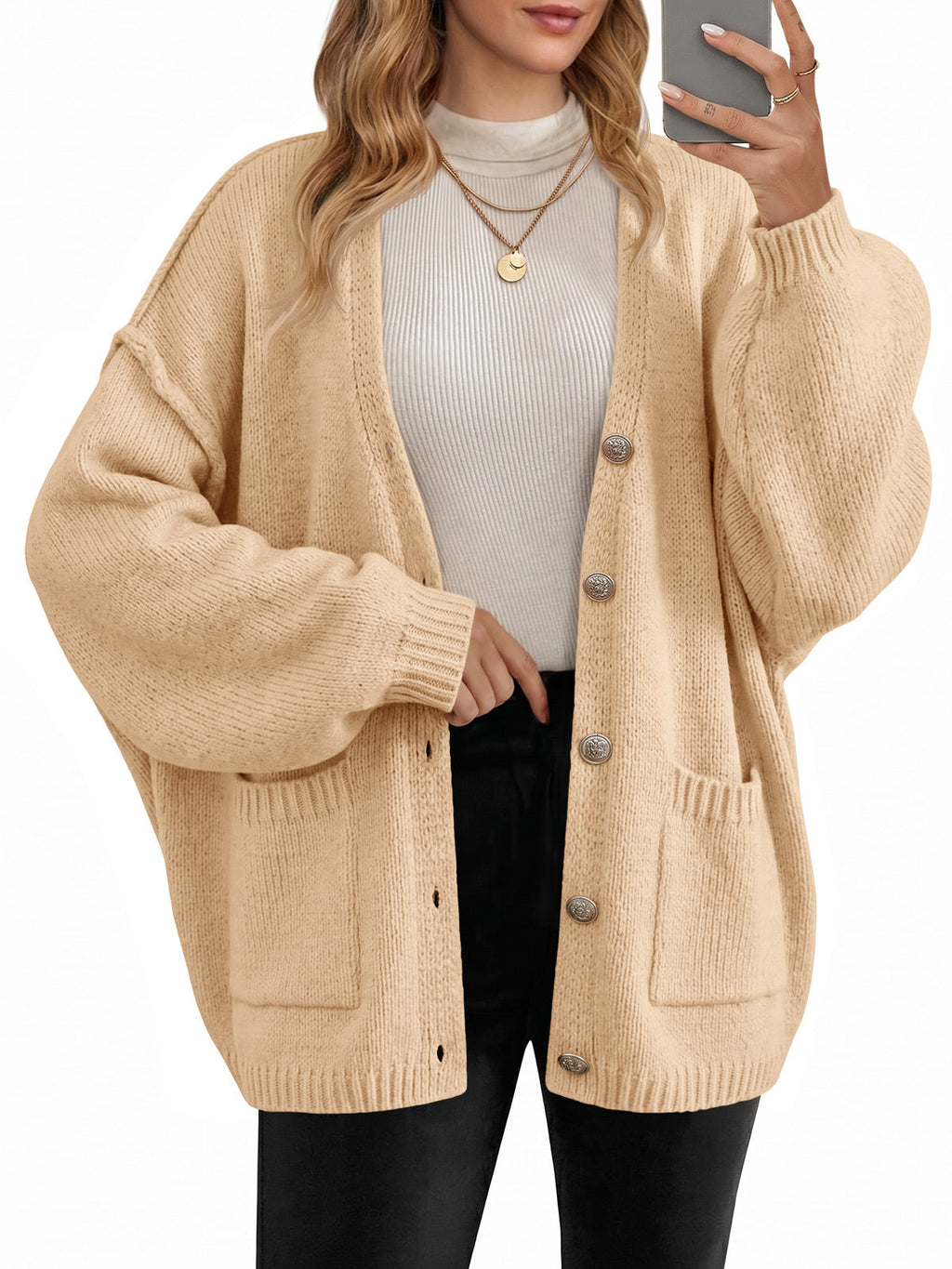 usvara Womens V Neck Loose Button Cardigan