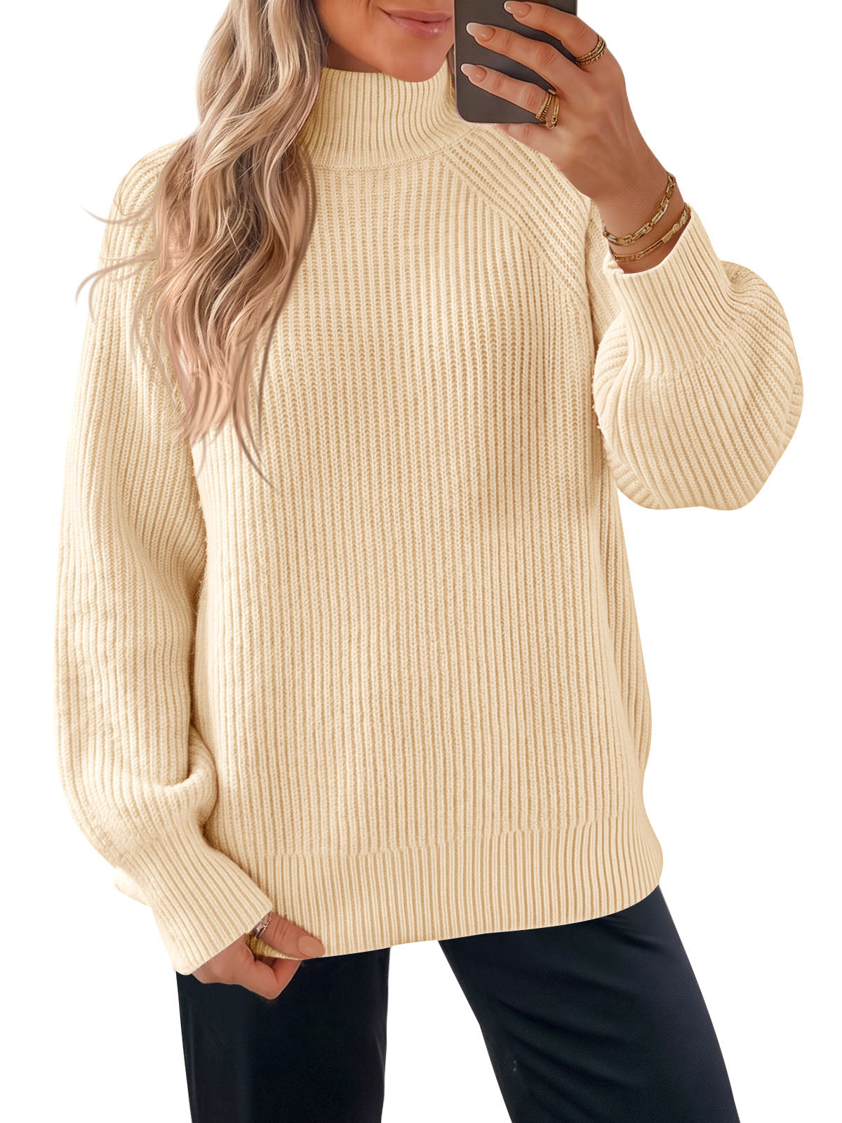 usvara Womens High Neck Oversized Knit Sweater