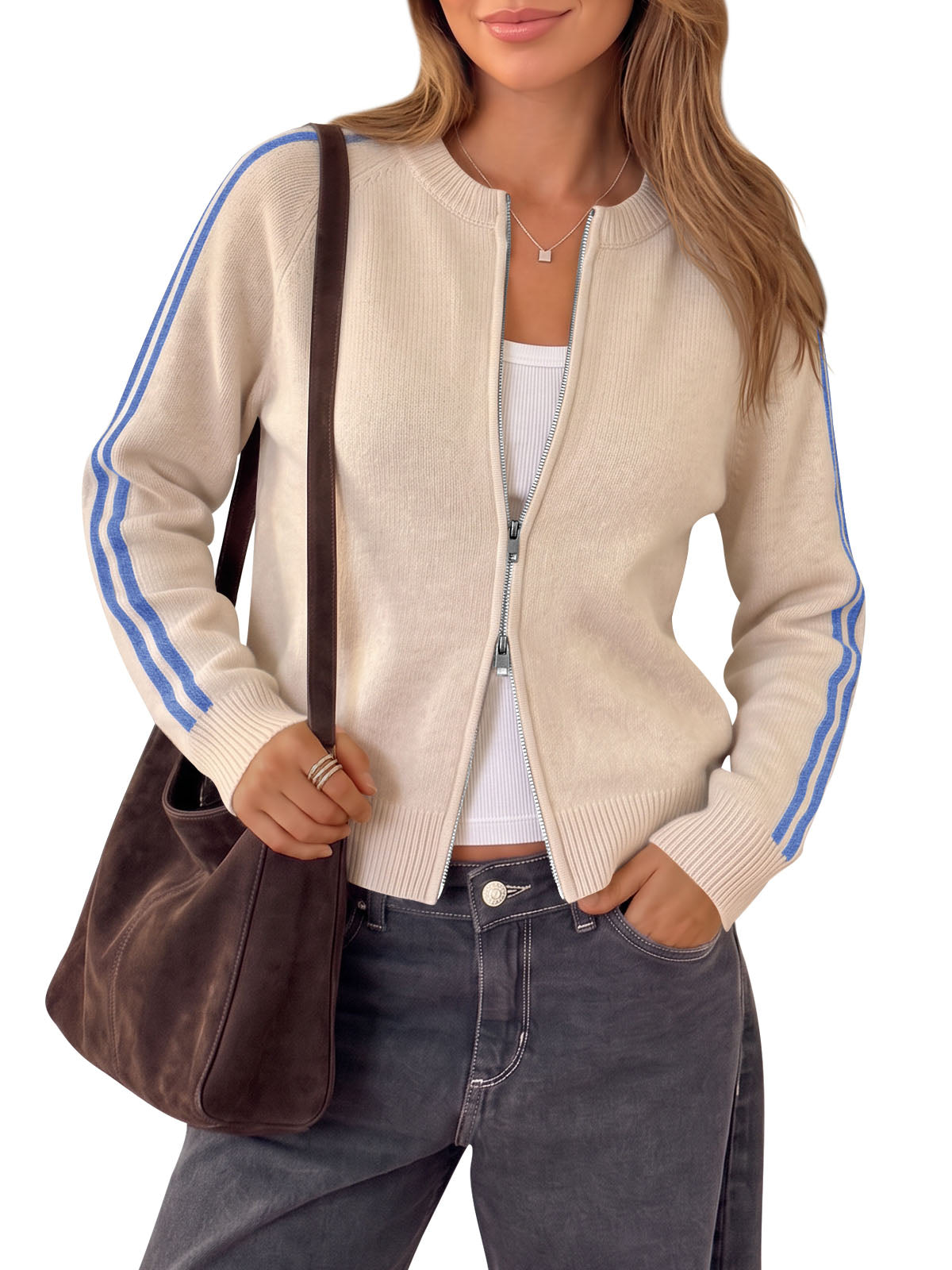 usvara Womens Zip Up Crew Neck Cardigan