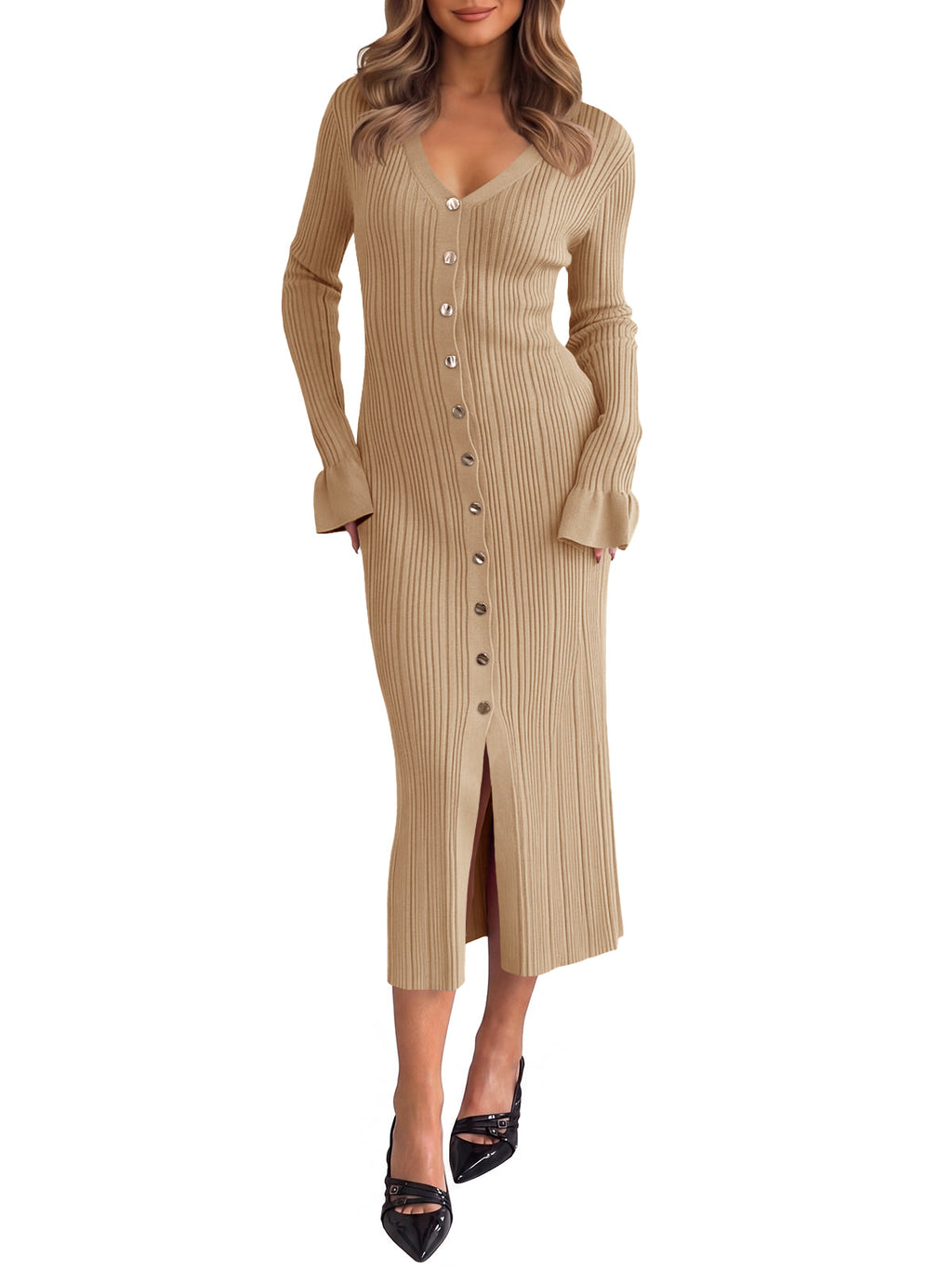 usvara Womens V Neck Midi Sweater Dress