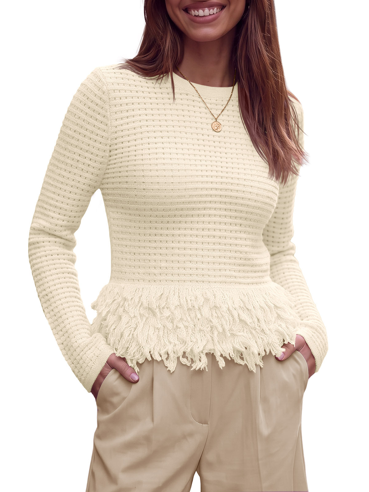 usvara Womens Crochet Fringe Crew Neck Sweater