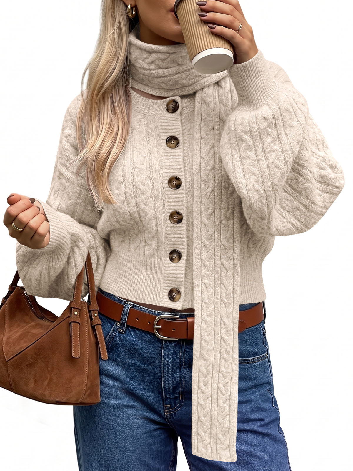 usvara Womens Cable Knit Cardigan with Scarf
