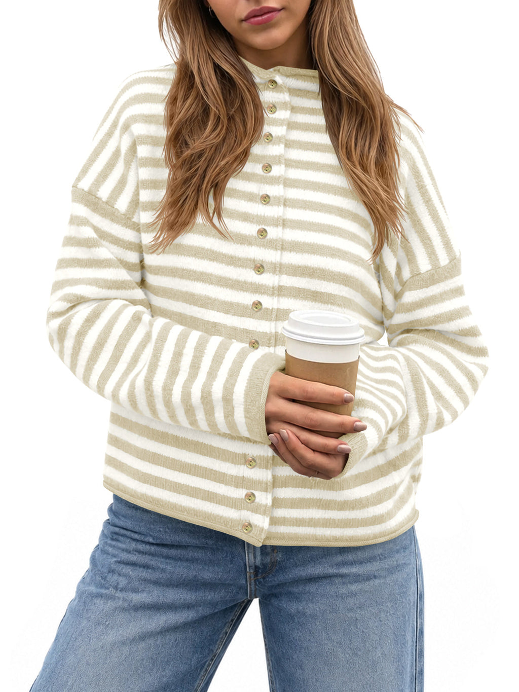usvara Womens Striped Mock Neck Cardigan