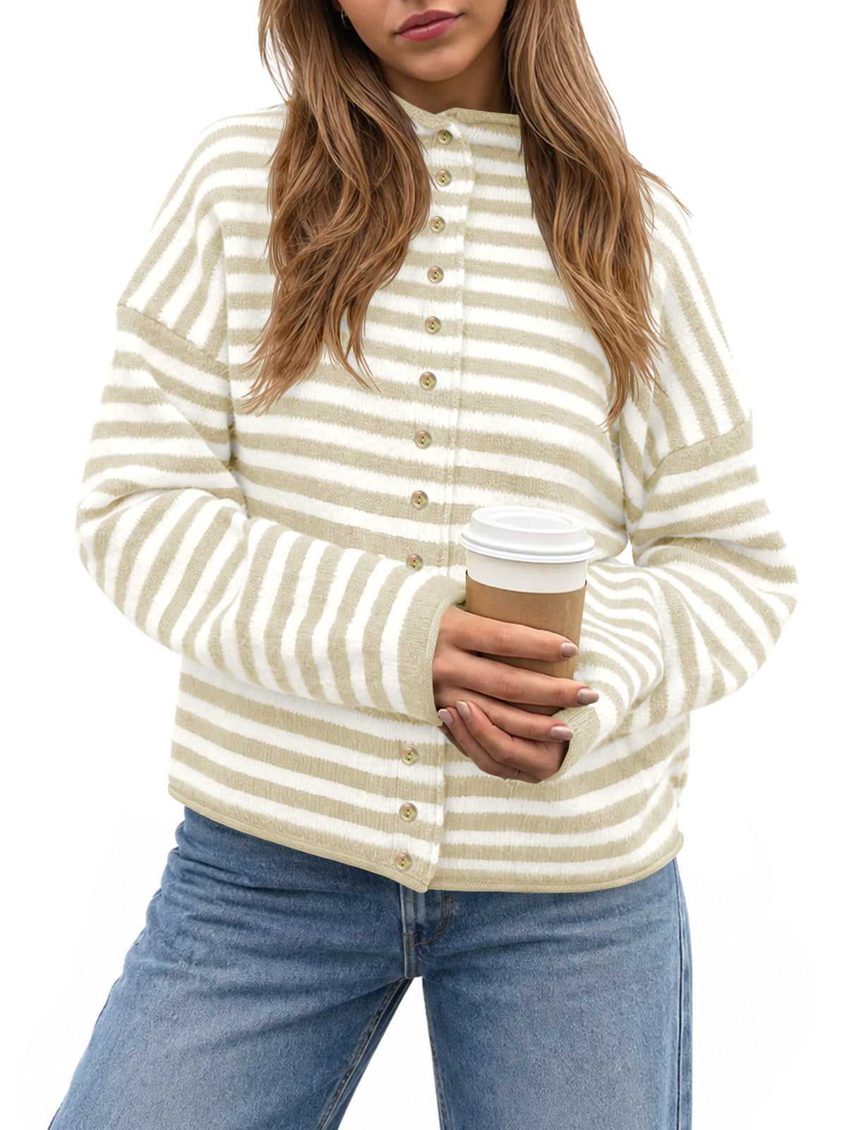 usvara Womens Striped Mock Neck Cardigan