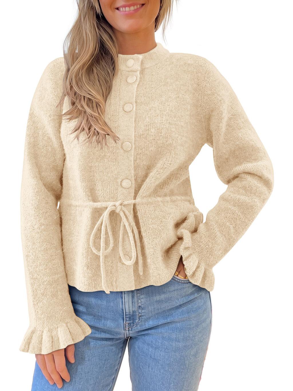 usvara Womens Ruffle Sleeve Button Tie Cardigans