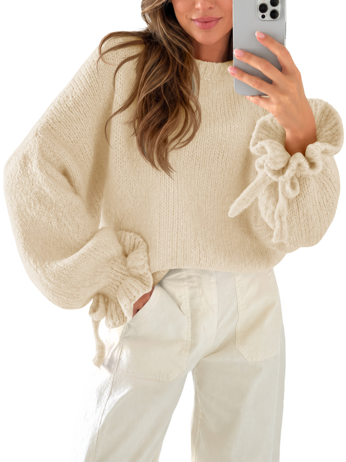usvara Women Ruffle Long Sleeve Knit Sweater