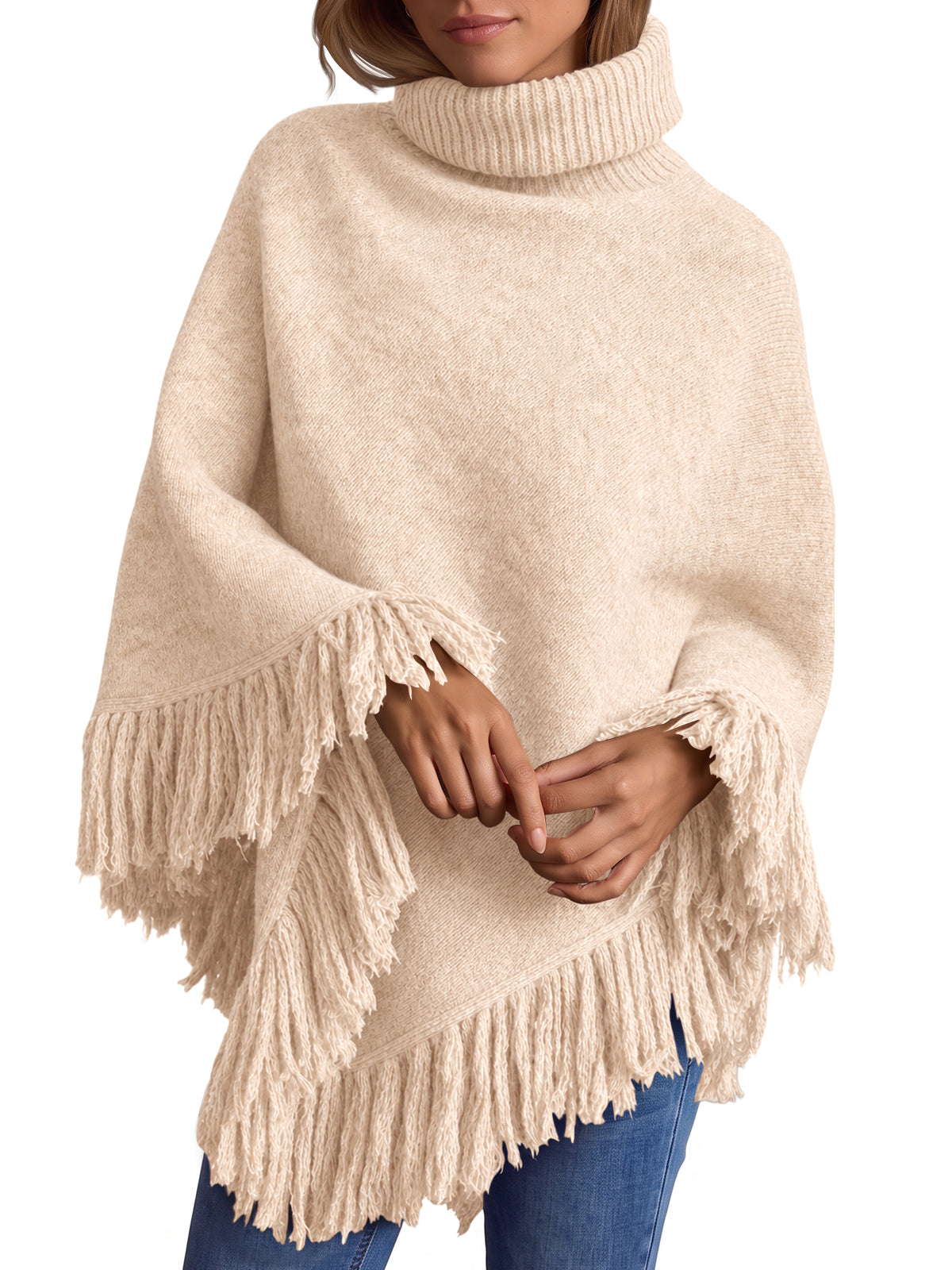 usvara Womens Fringe Turtleneck Poncho Sweater