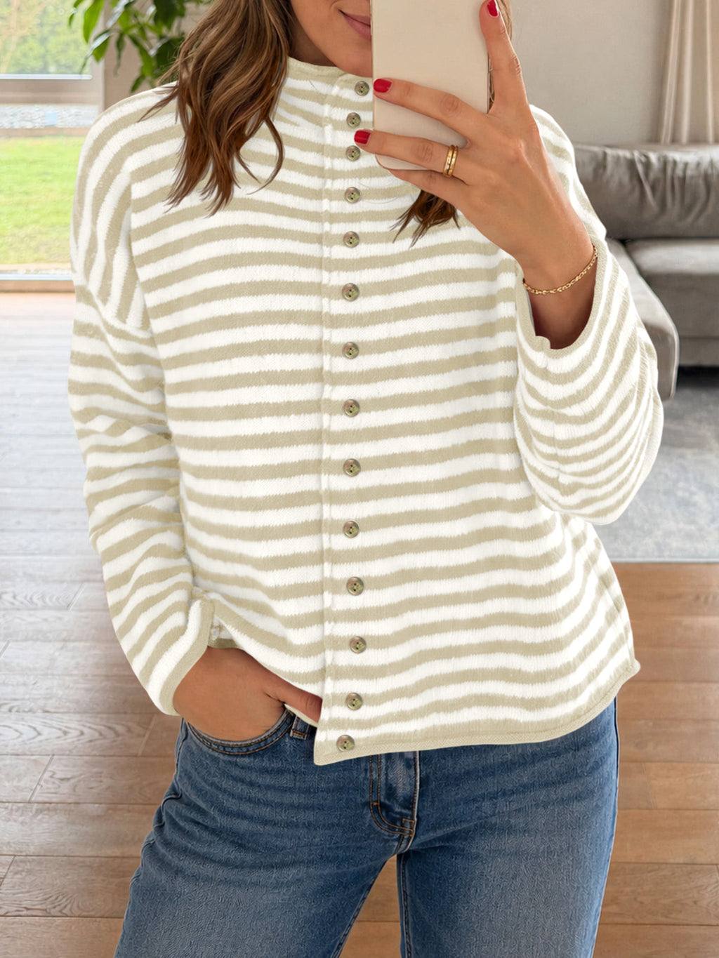 usvara Womens Striped Mock Neck Cardigan