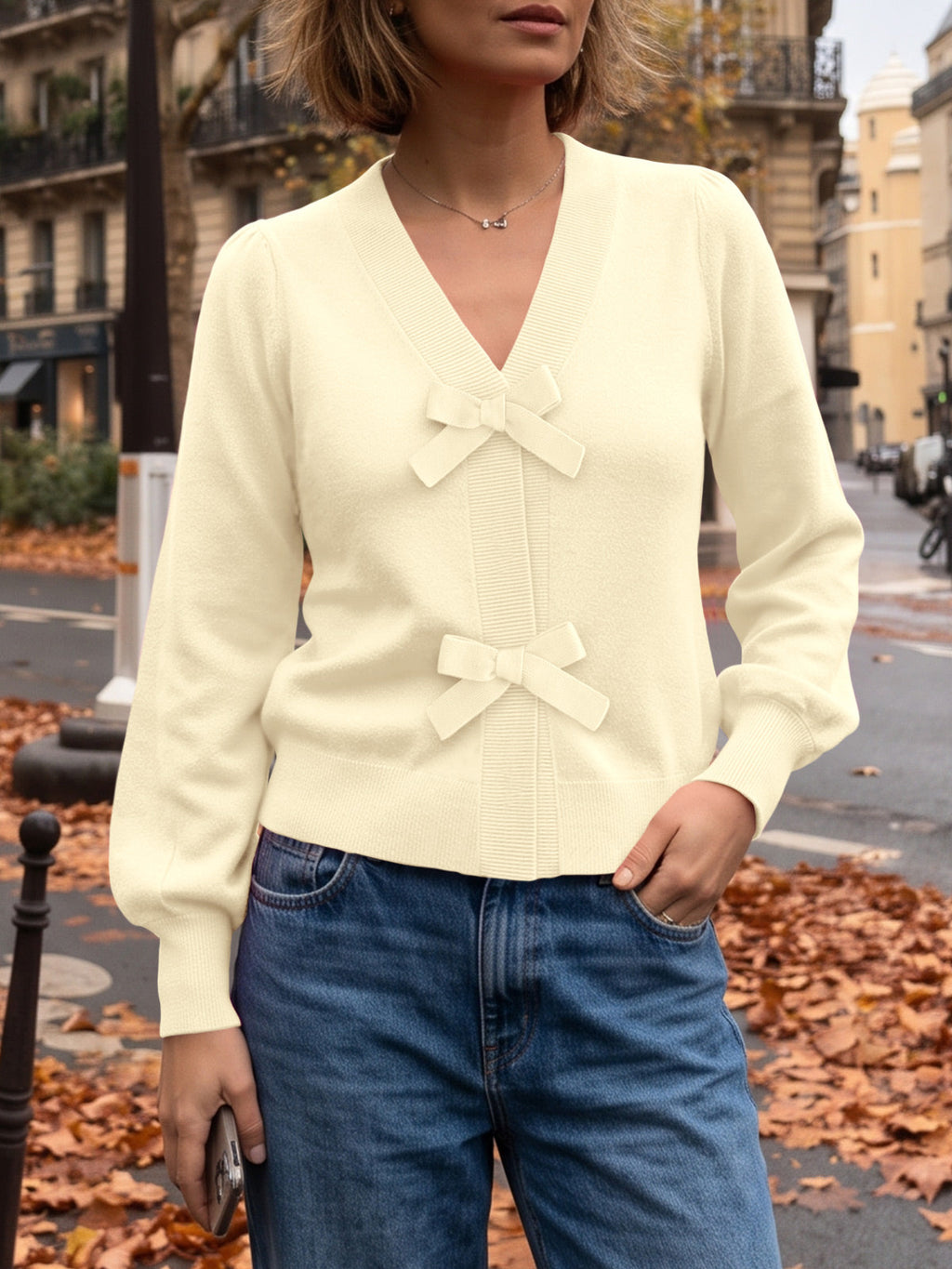 usvara Women V Neck Bow Knit Cardigan