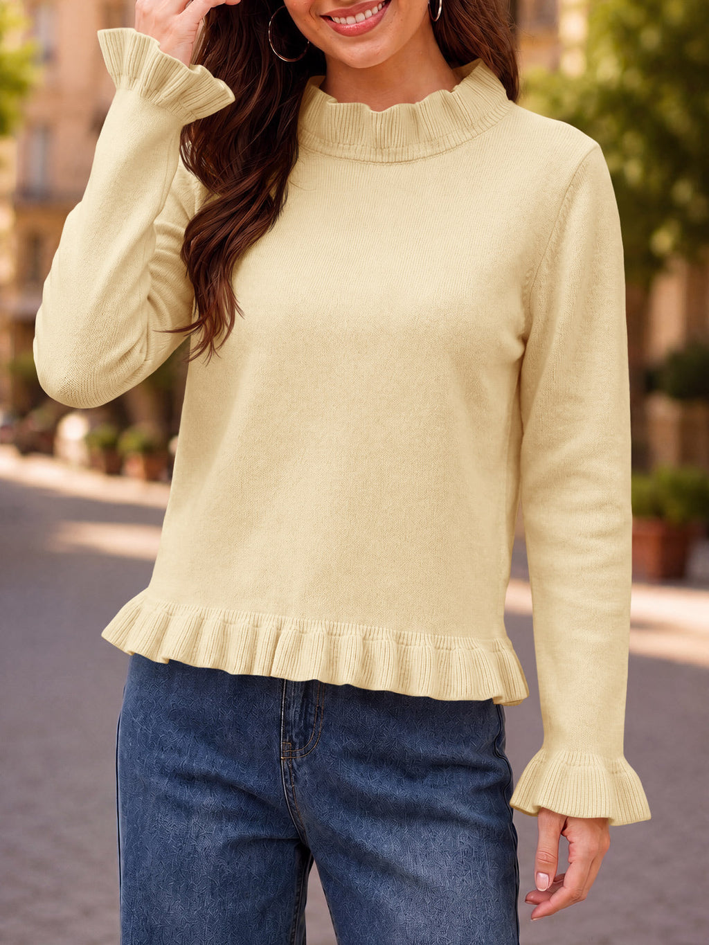 usvara Women Ruffle Mock Neck Knit Sweater