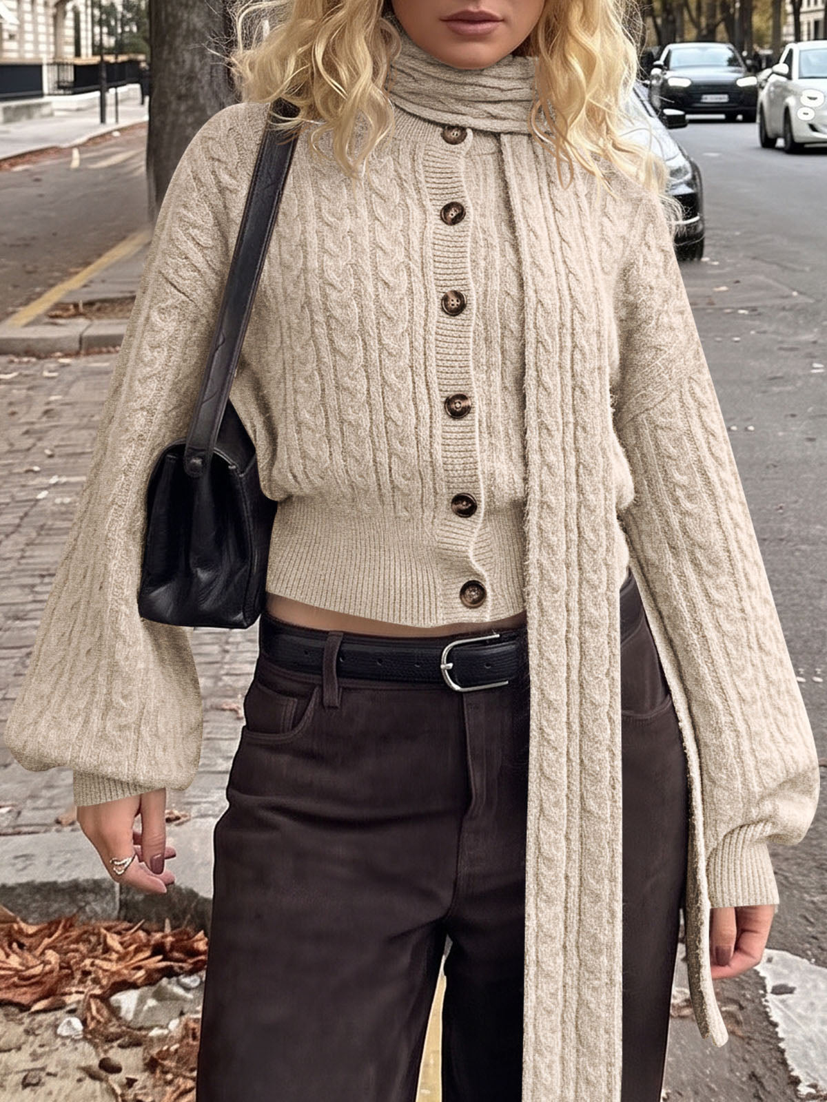 usvara Womens Cable Knit Cardigan with Scarf