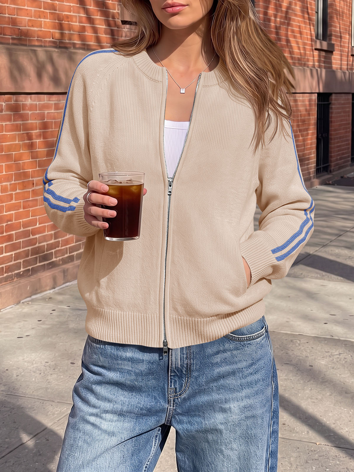 usvara Womens Zip Up Crew Neck Cardigan