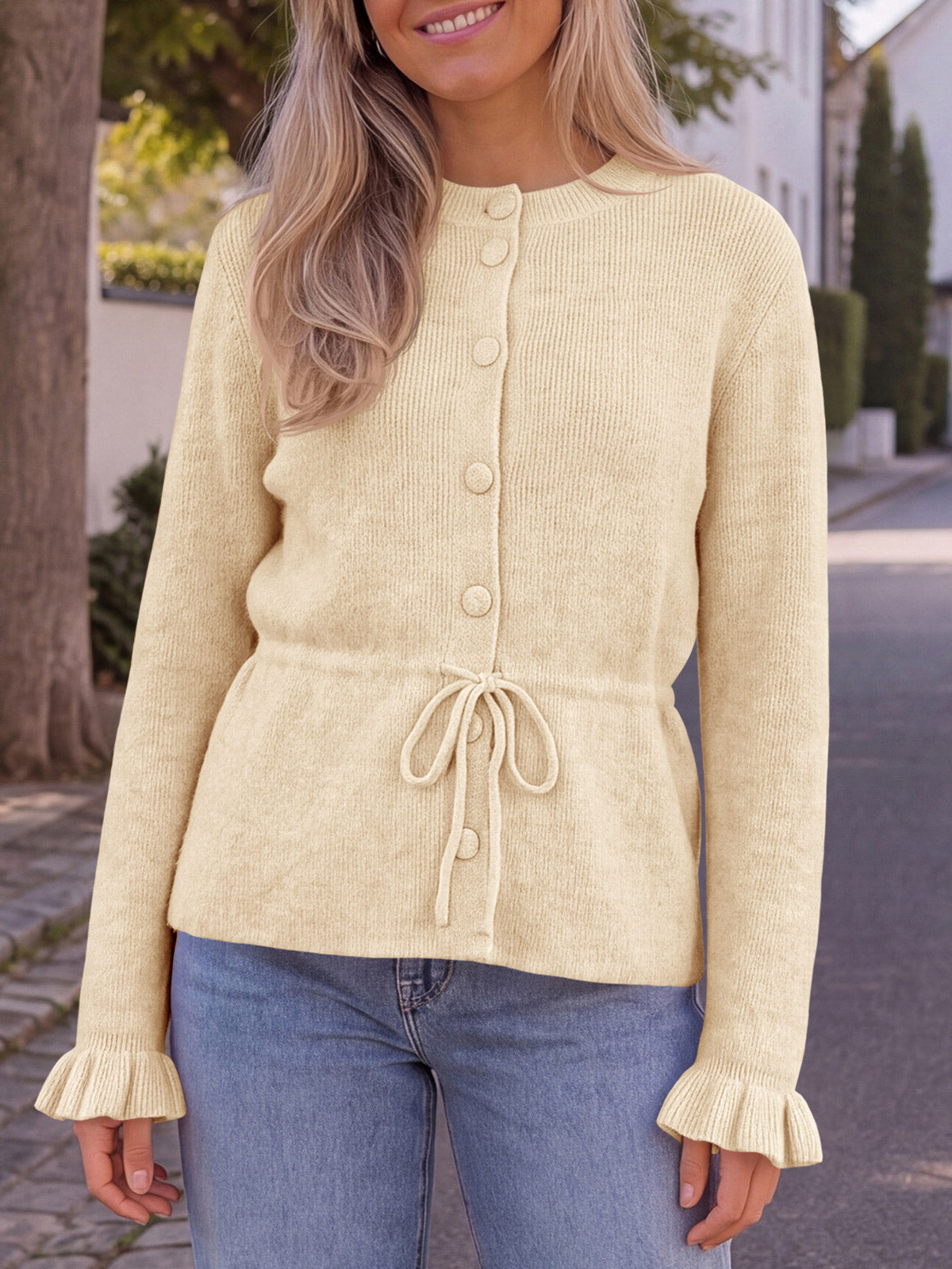 usvara Womens Ruffle Sleeve Button Tie Cardigans