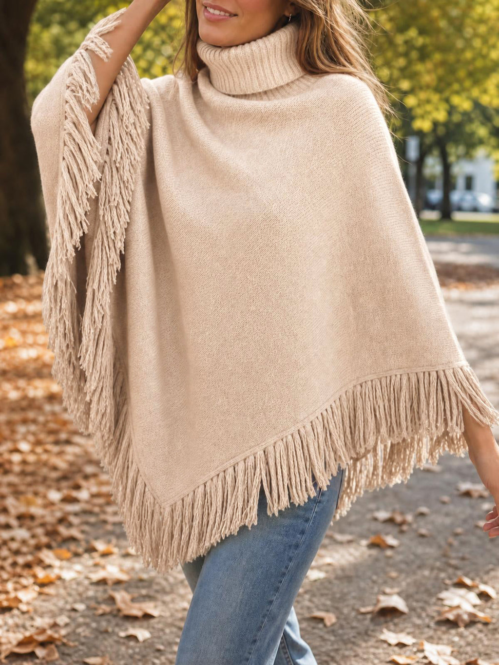 usvara Womens Fringe Turtleneck Poncho Sweater
