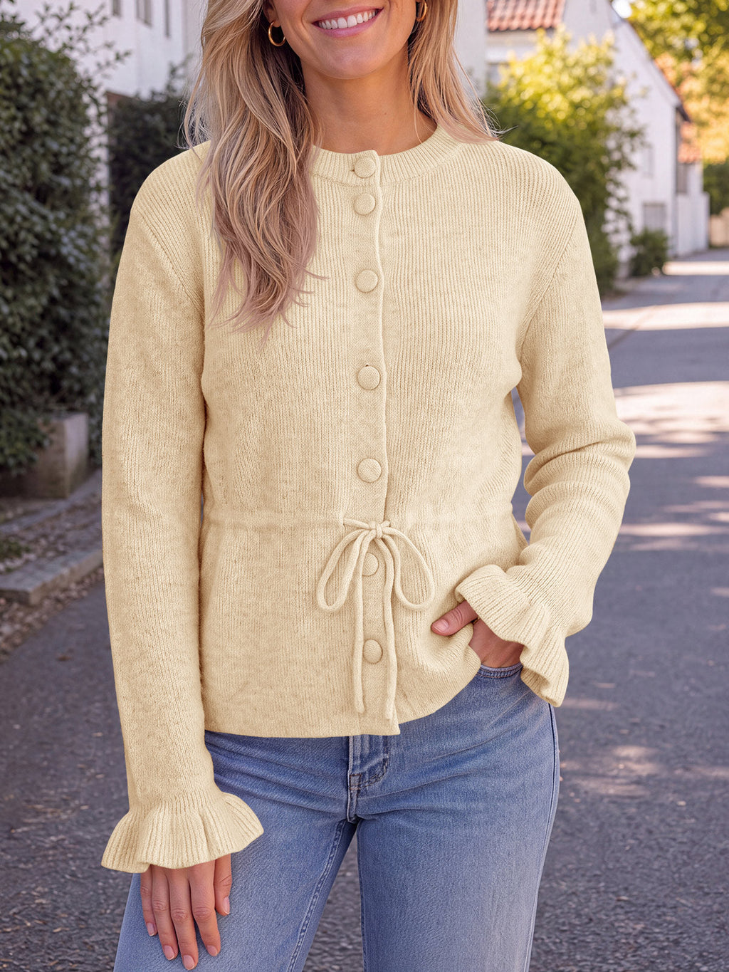 usvara Womens Ruffle Sleeve Button Tie Cardigans