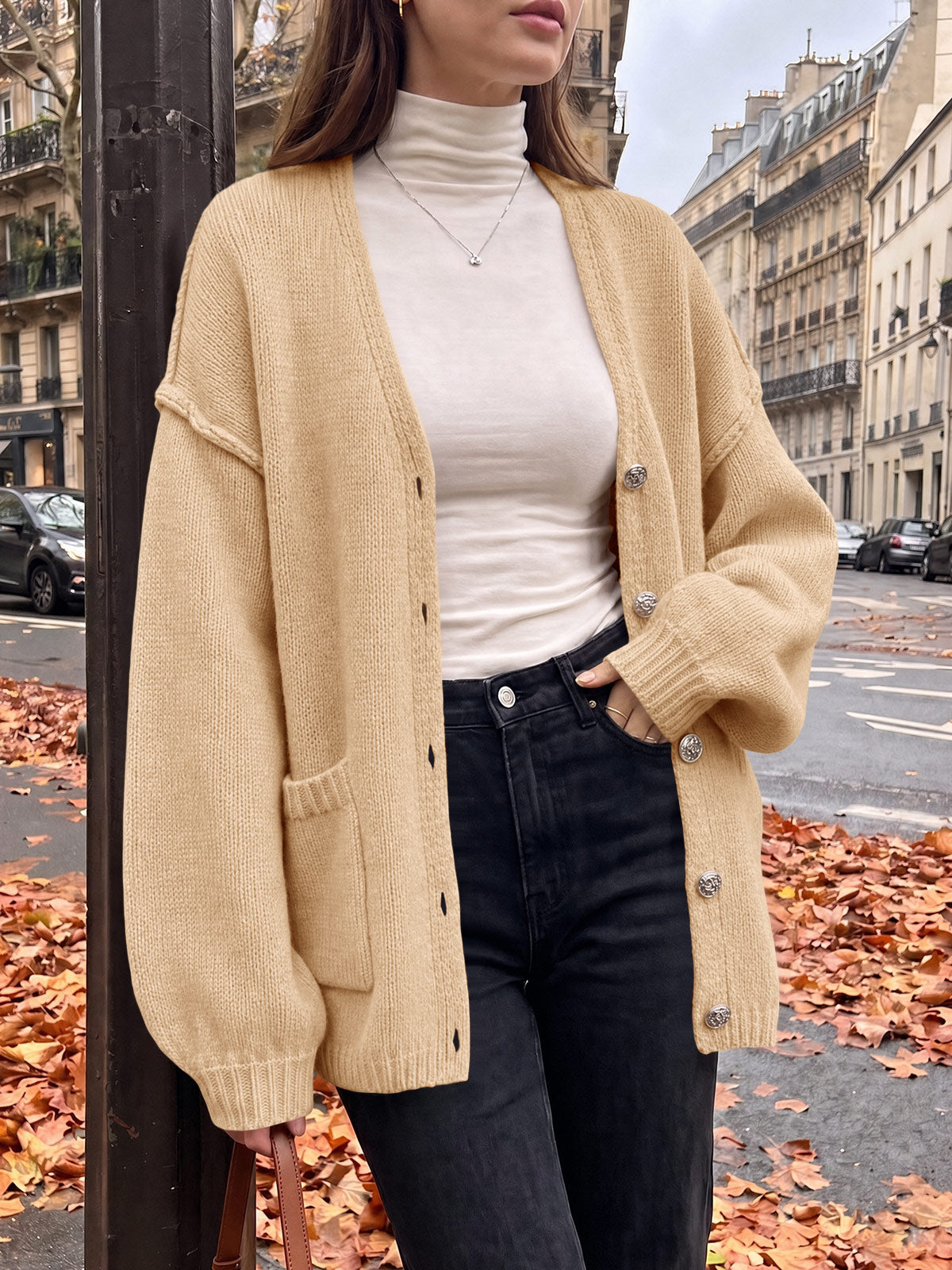 usvara Womens V Neck Loose Button Cardigan