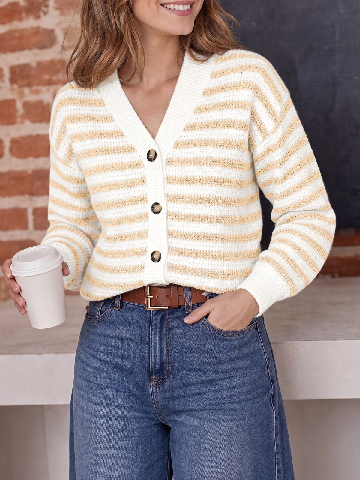 usvara Womens Striped V Neck Cardigan