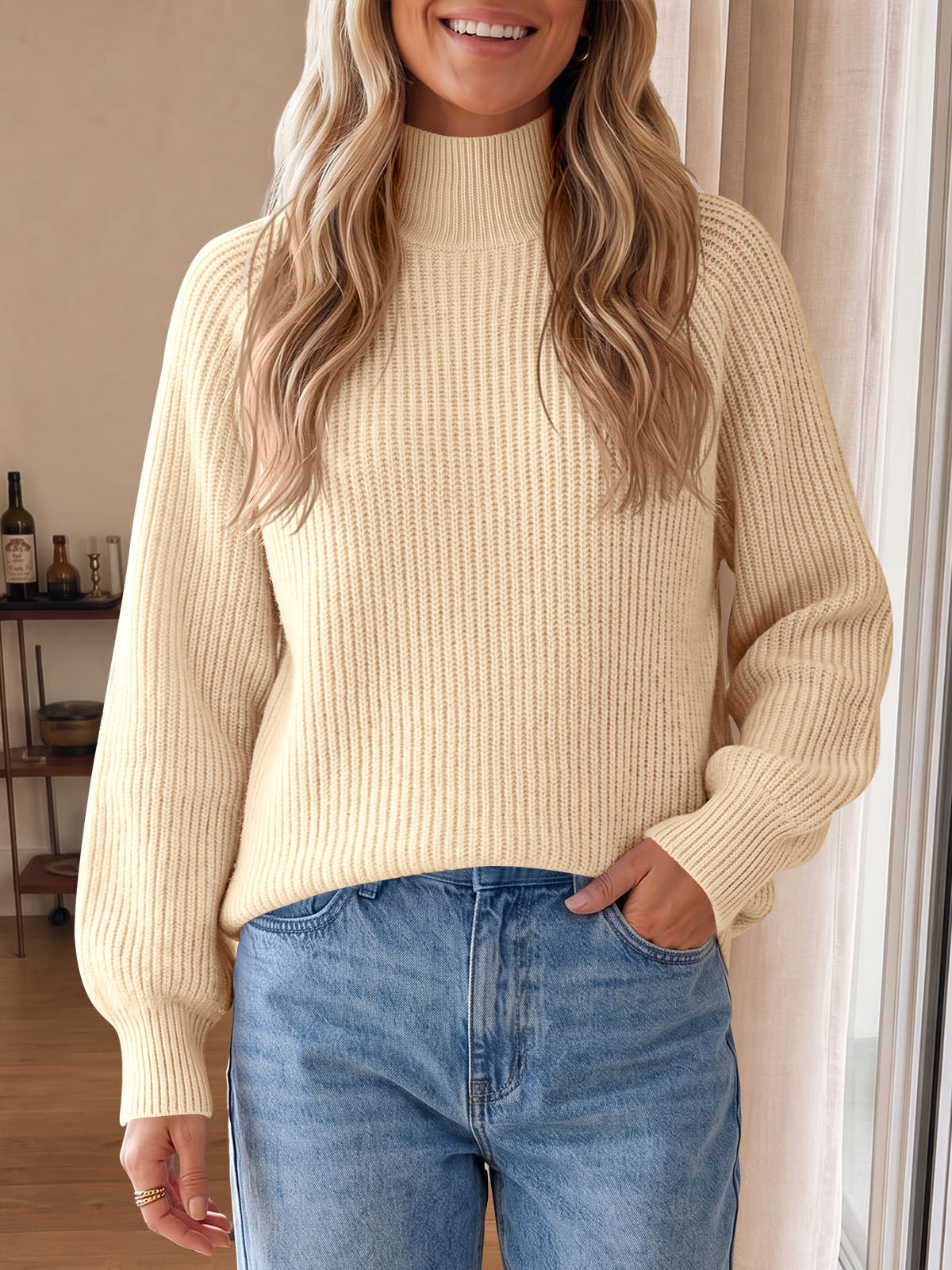usvara Womens High Neck Oversized Knit Sweater