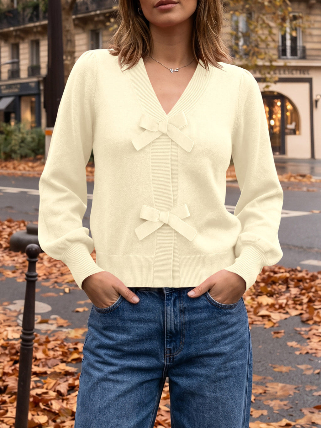 usvara Women V Neck Bow Knit Cardigan