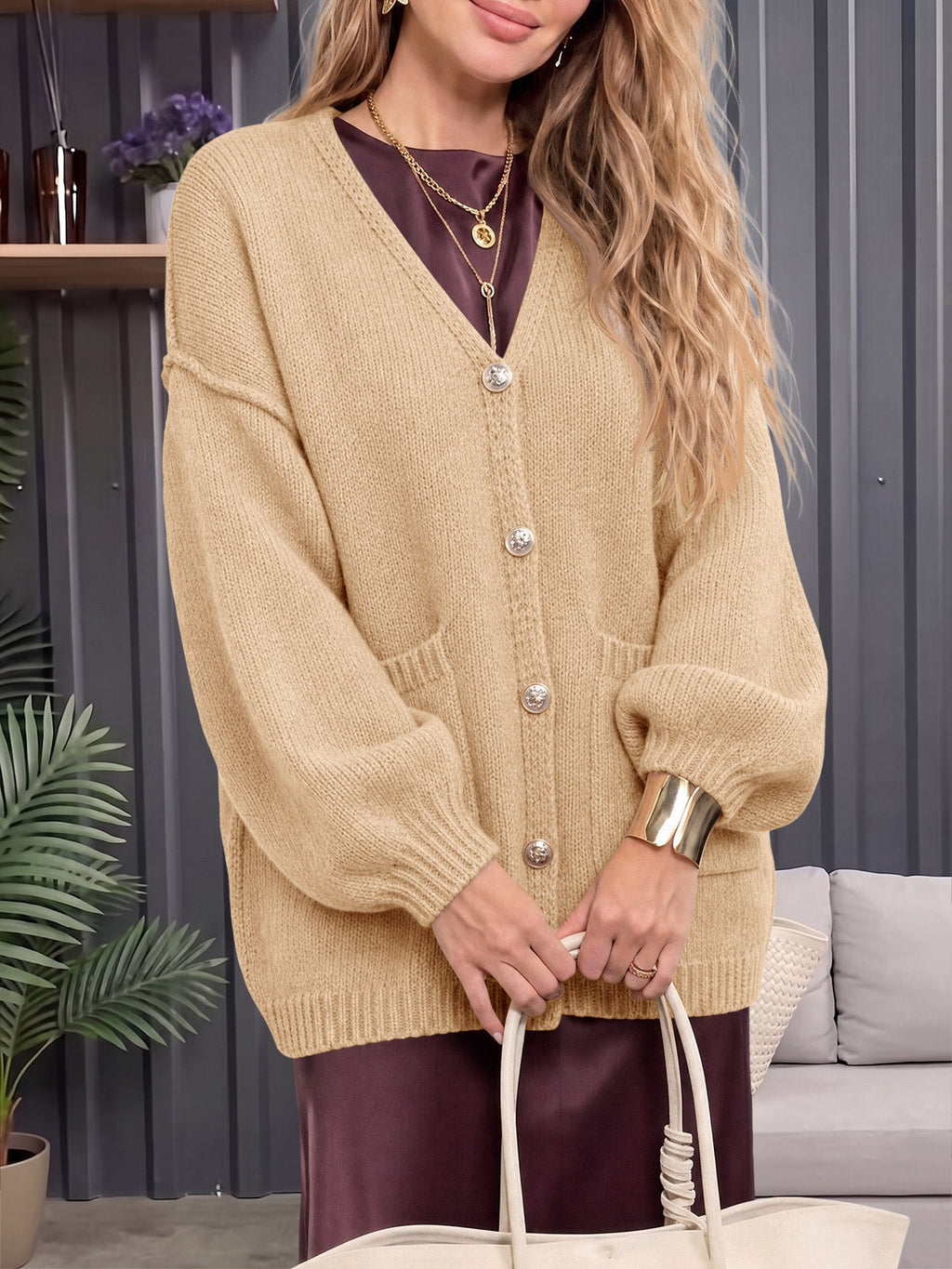 usvara Womens V Neck Loose Button Cardigan