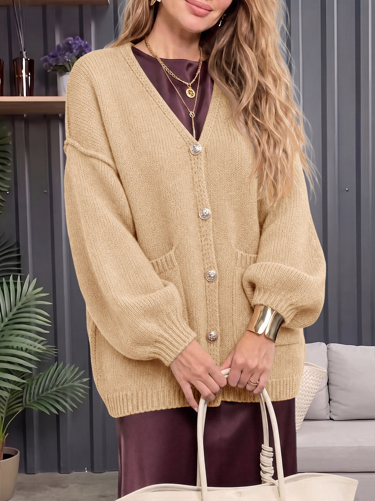 usvara Womens V Neck Loose Button Cardigan
