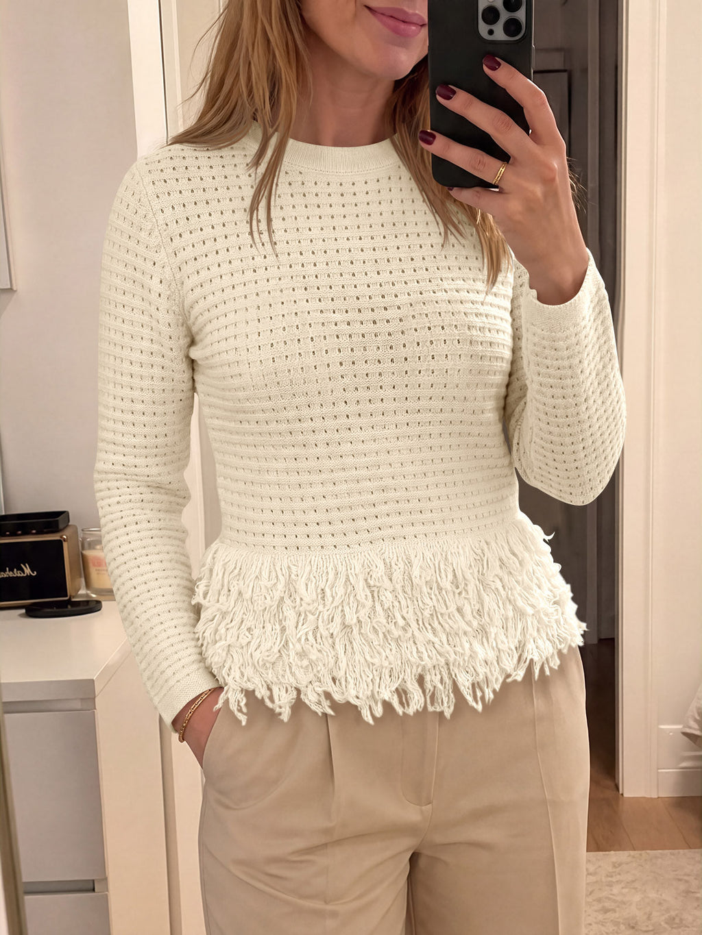 usvara Womens Crochet Fringe Crew Neck Sweater