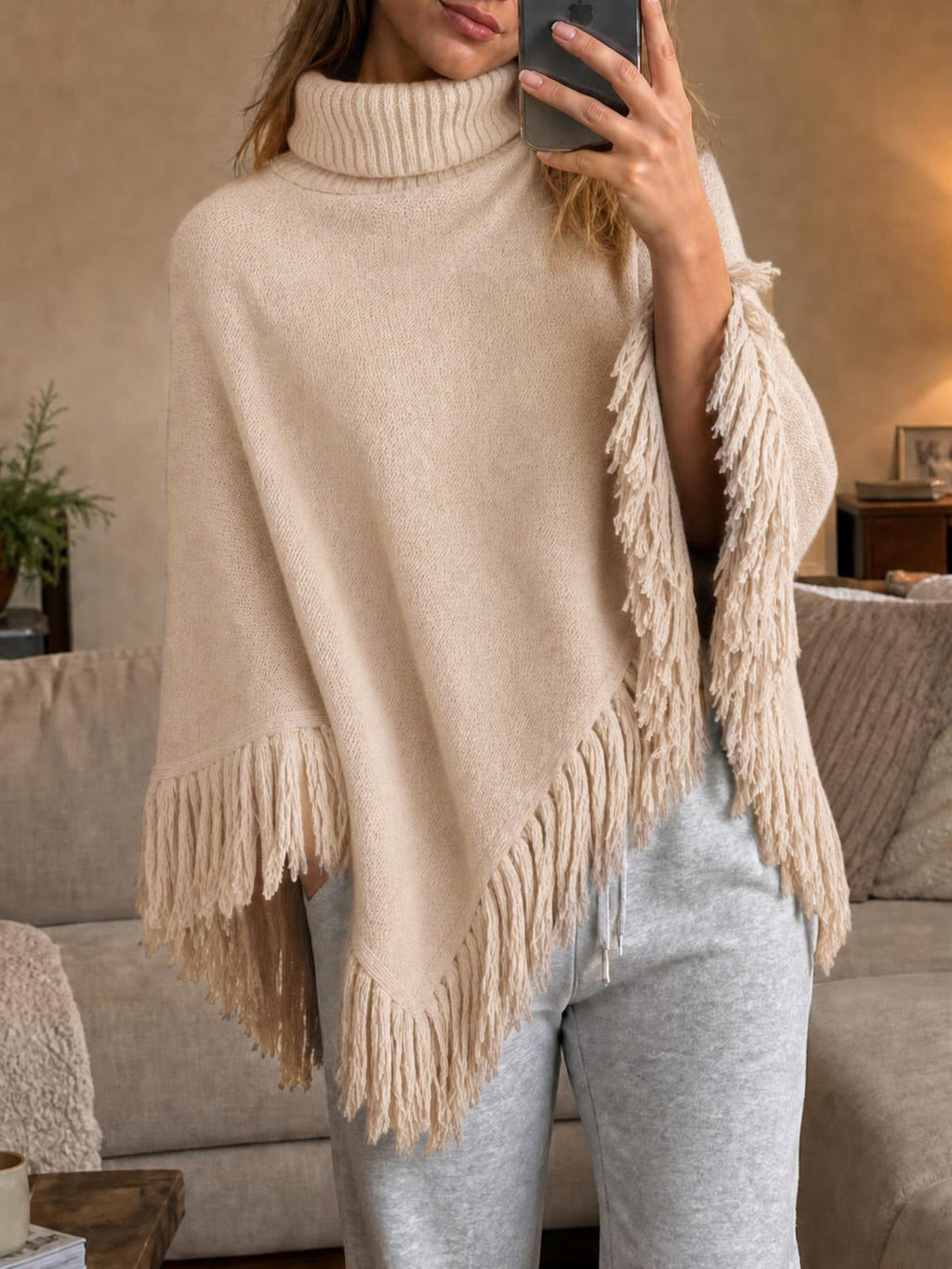 usvara Womens Fringe Turtleneck Poncho Sweater
