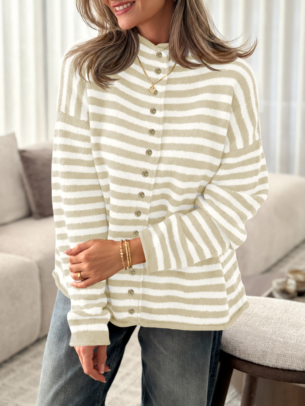 usvara Womens Striped Mock Neck Cardigan
