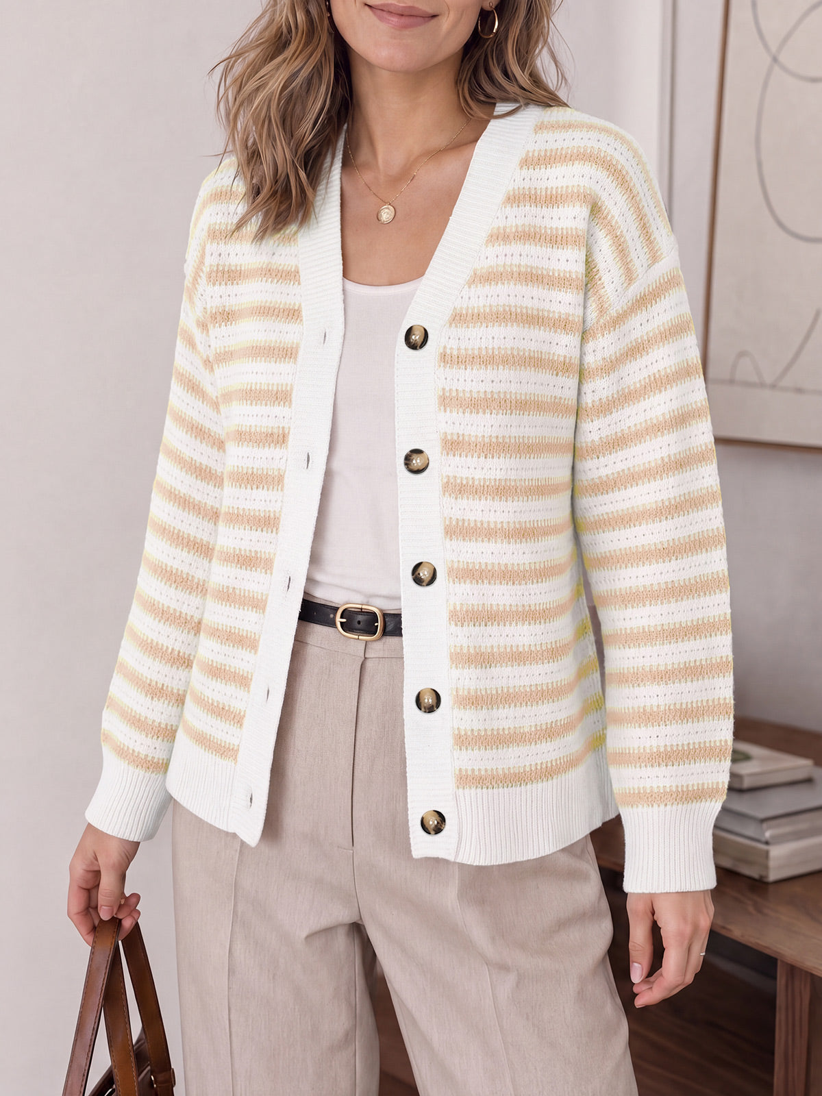 usvara Womens Striped V Neck Cardigan