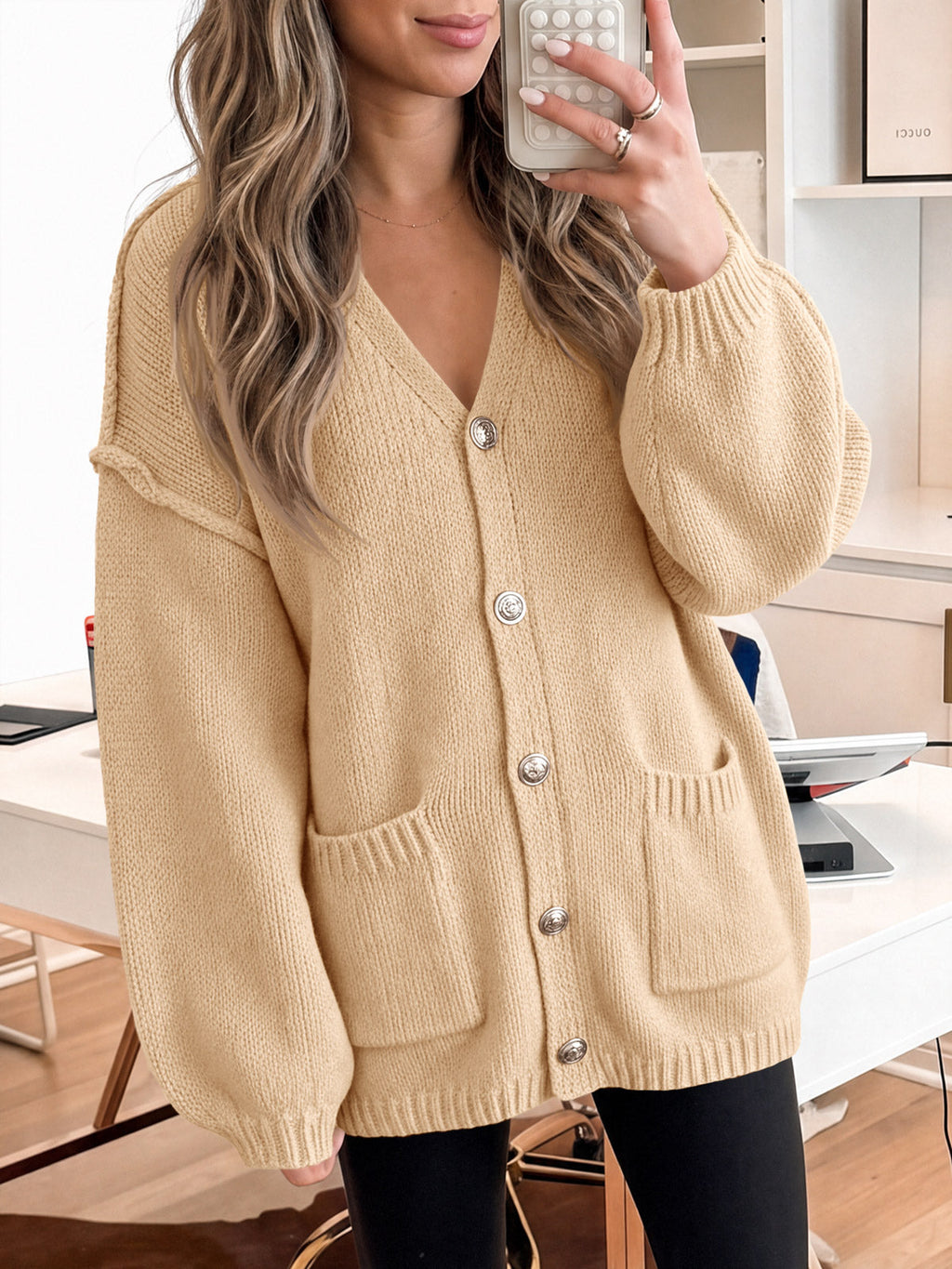 usvara Womens V Neck Loose Button Cardigan