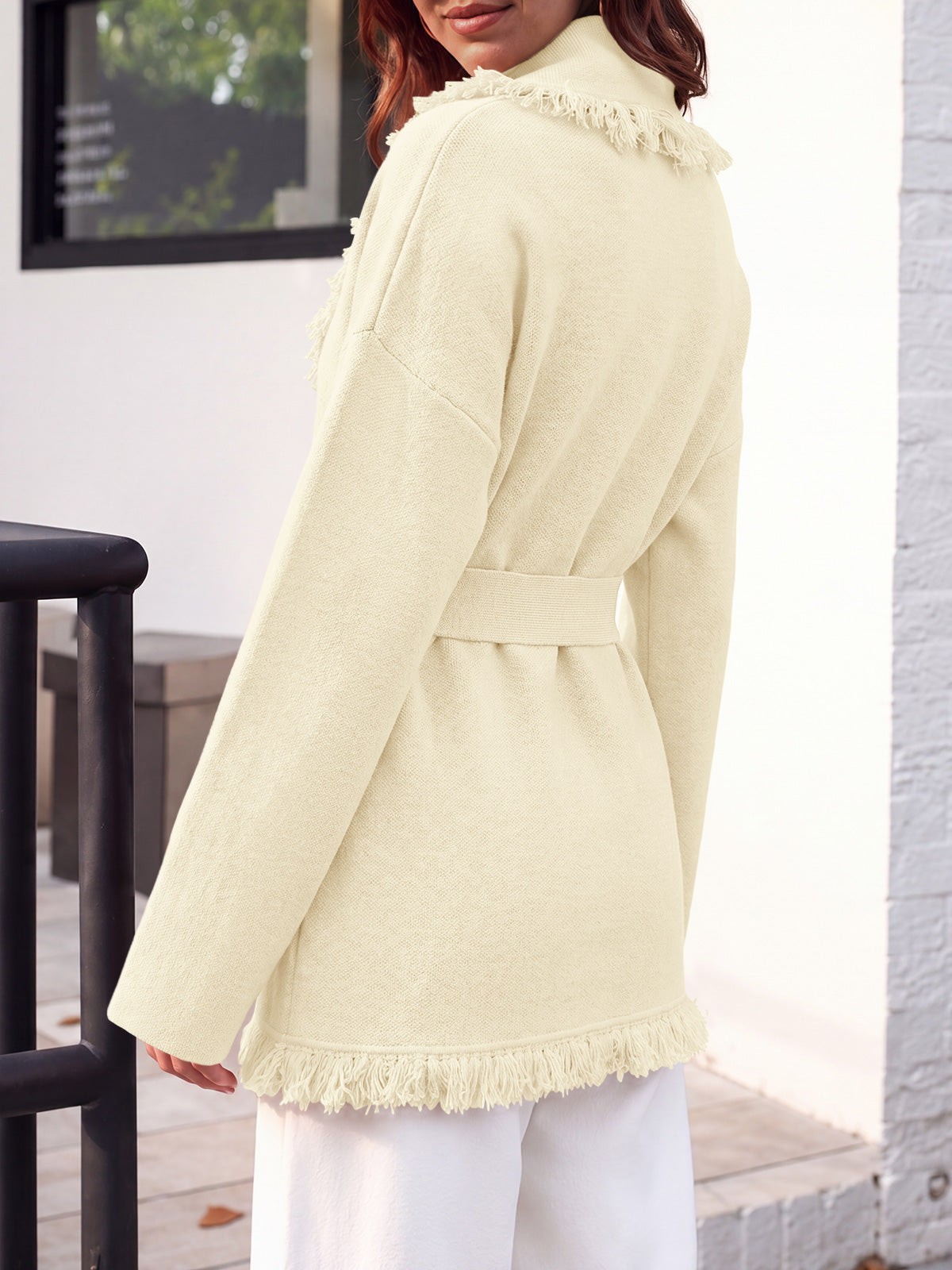 usvara Womens Tassel Fringe Lapel Cardigan