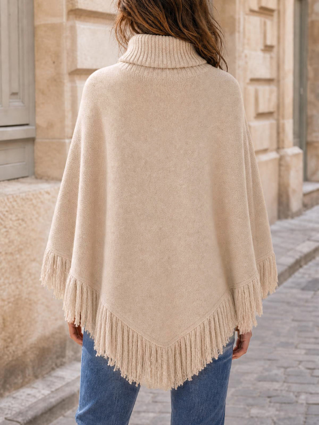 usvara Womens Fringe Turtleneck Poncho Sweater