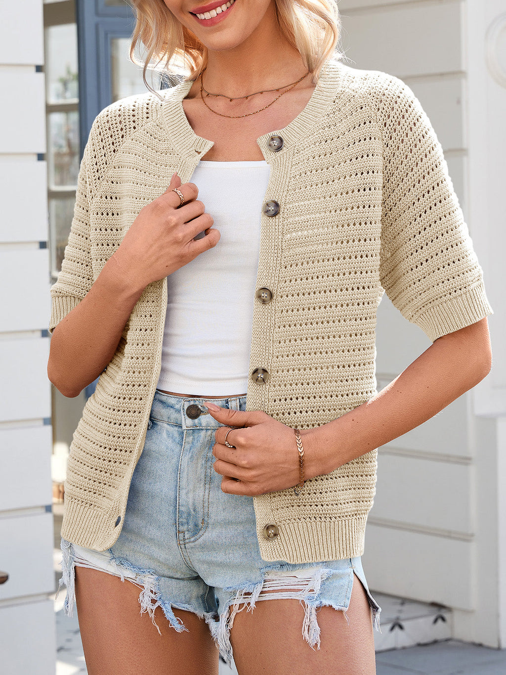 usvara Womens Crochet Short Sleeve Button Down Cardigan