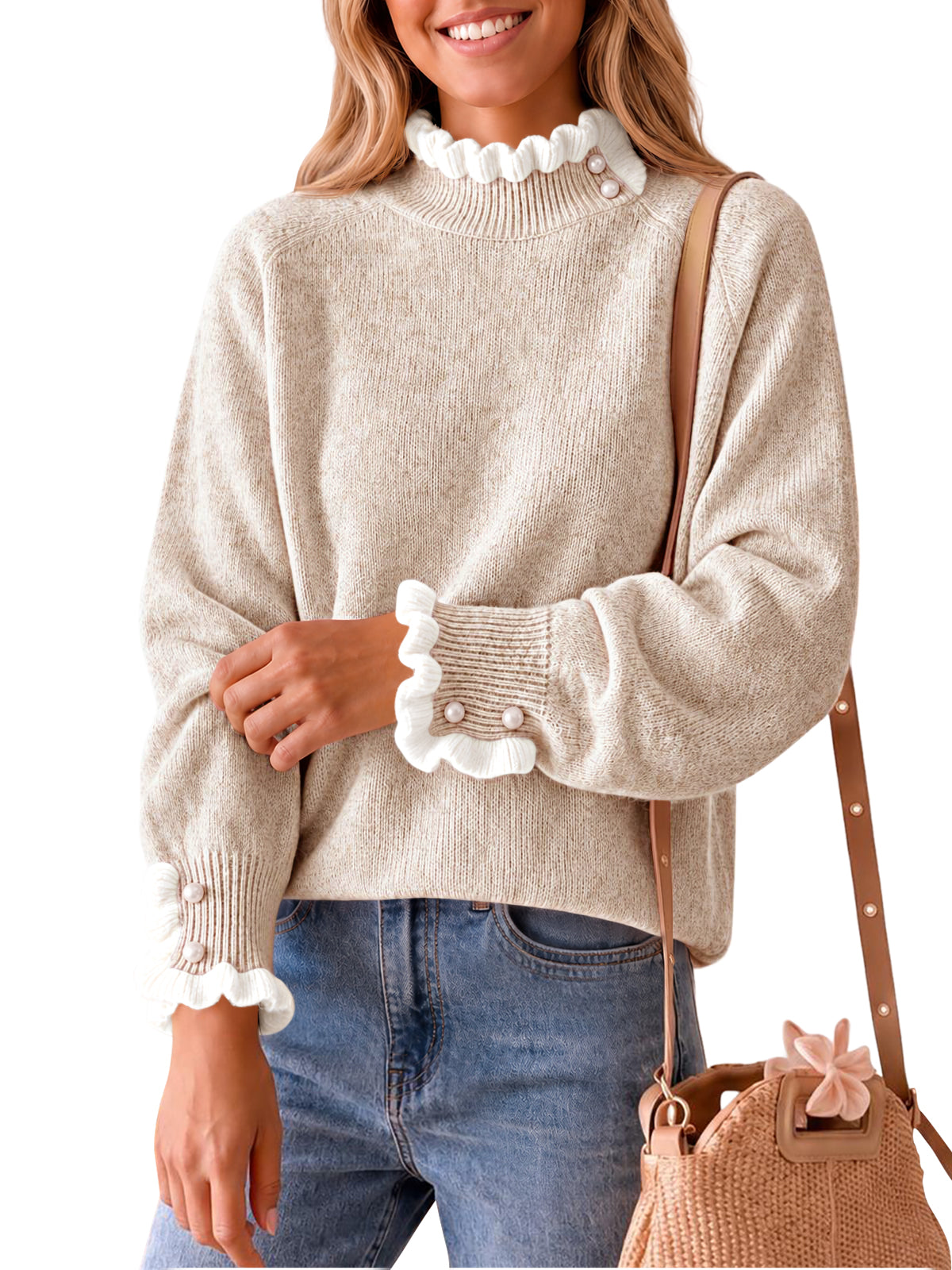 usvara Womens Mock Neck Ruffle Pearl Sweater