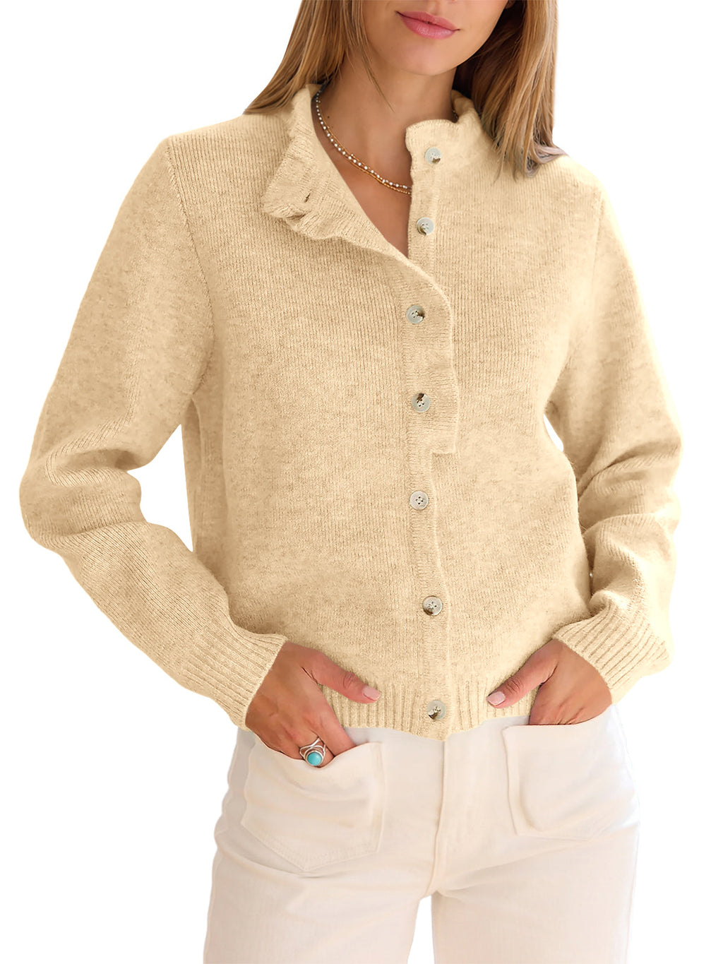 usvara Women Ruffle Mock Neck Knit Cardigan