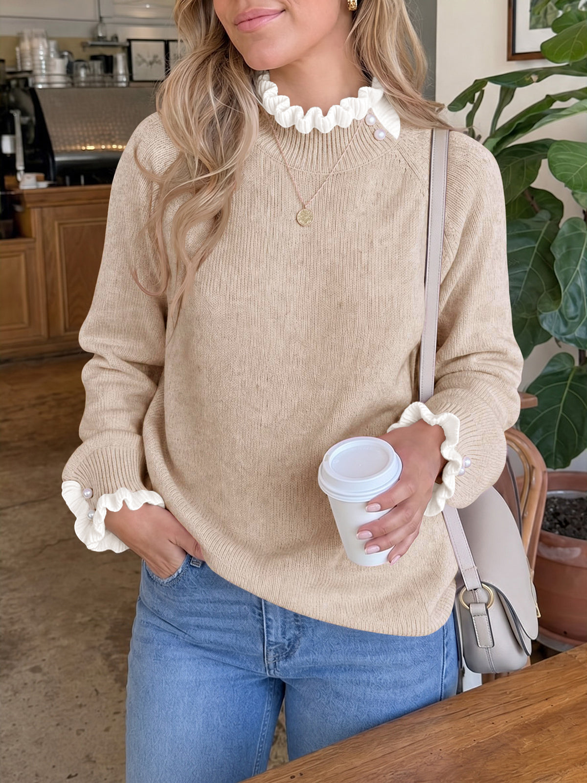 usvara Womens Mock Neck Ruffle Pearl Sweater