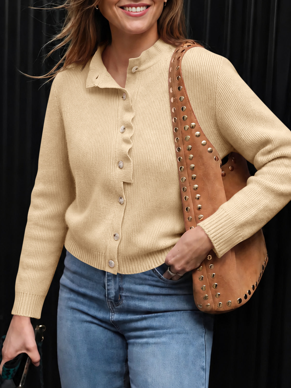 usvara Women Ruffle Mock Neck Knit Cardigan