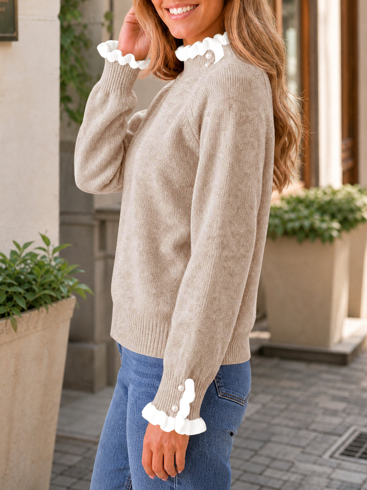 usvara Womens Mock Neck Ruffle Pearl Sweater
