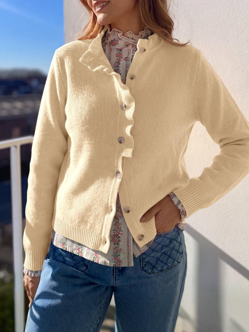 usvara Women Ruffle Mock Neck Knit Cardigan