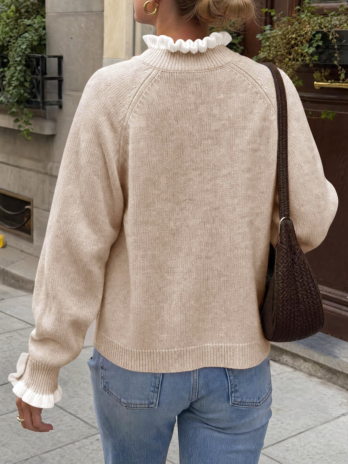 usvara Womens Mock Neck Ruffle Pearl Sweater