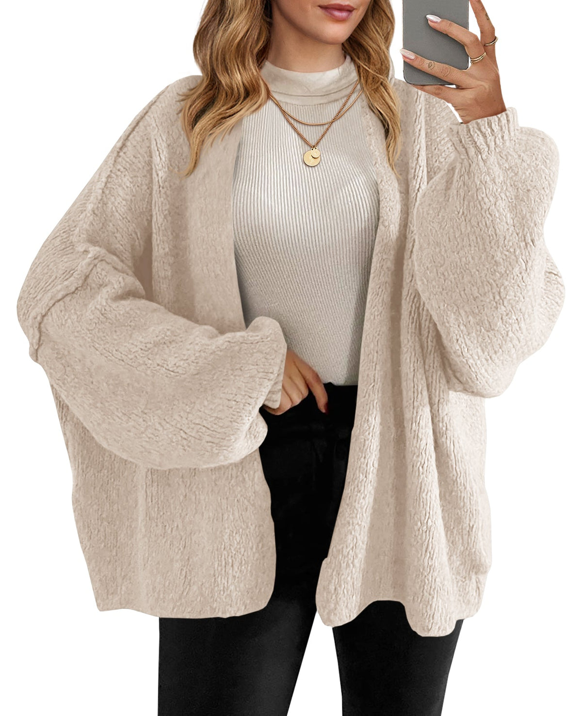 Usvara Womens Oversized Lantern Sleeve Chunky Knit Open-Front Cardigan Sweater