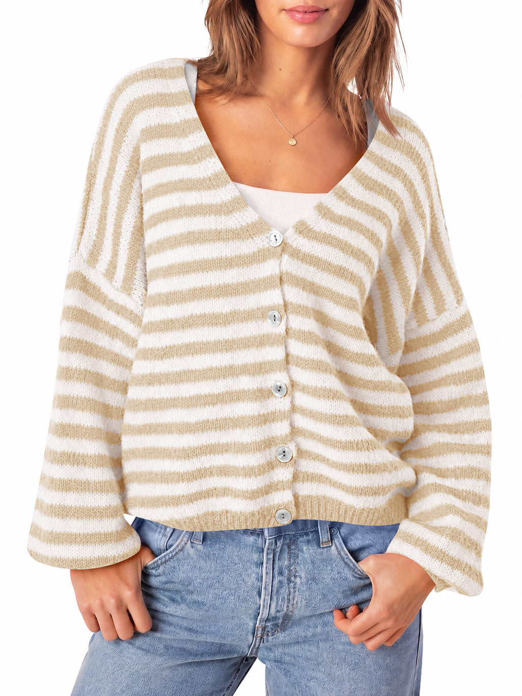usvara Women Striped V-Neck Knit Cardigan Sweater