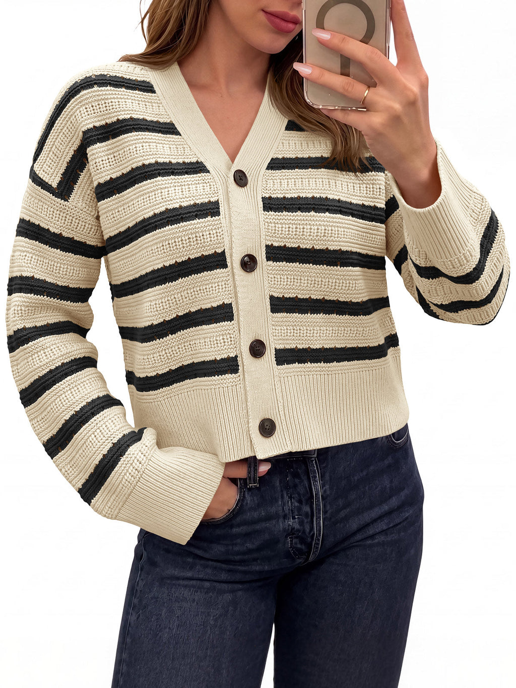 usvara Womens Striped Crochet Cardigan Tops