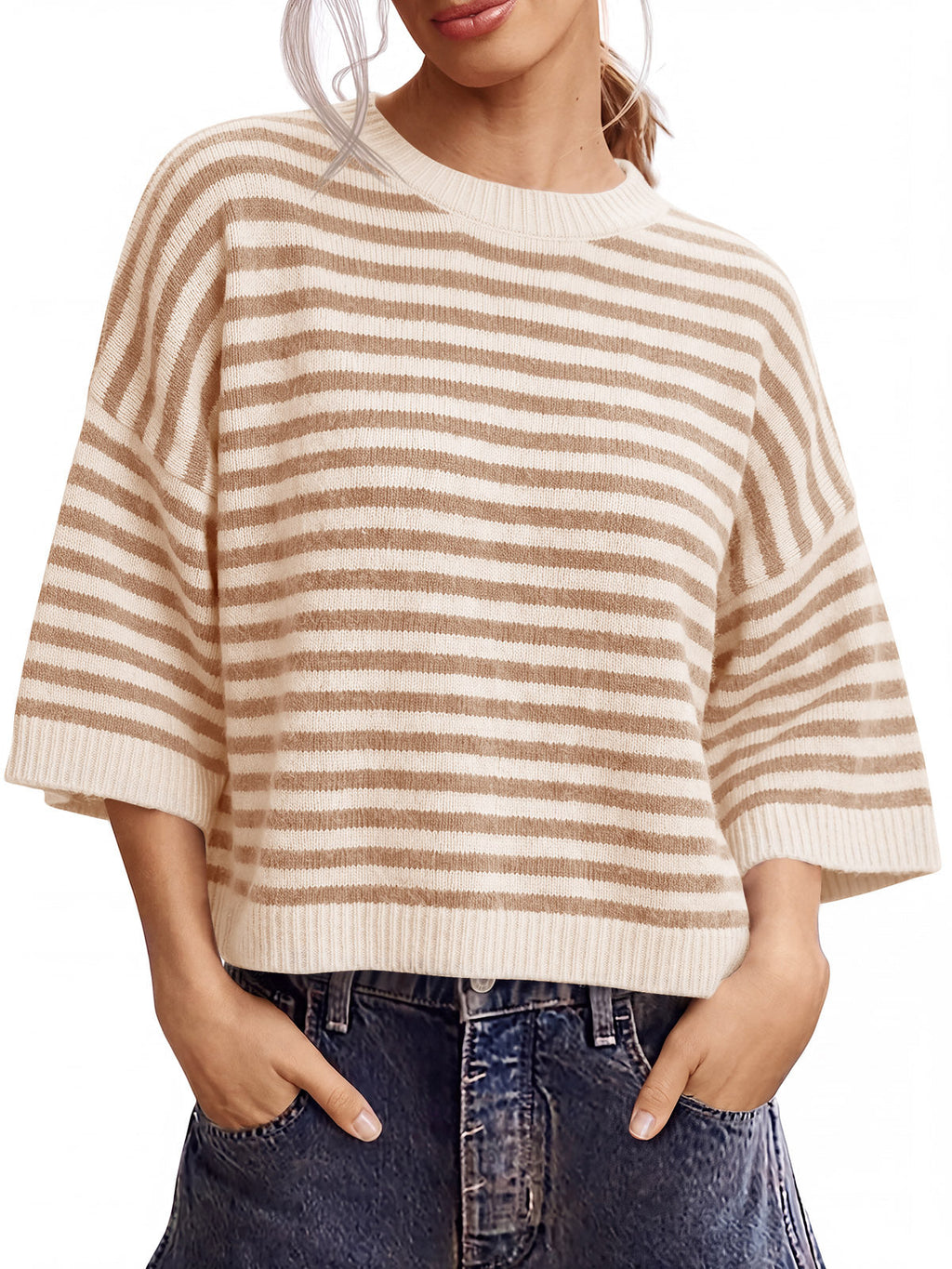 usvara Women Striped Short Sleeve Knit Top