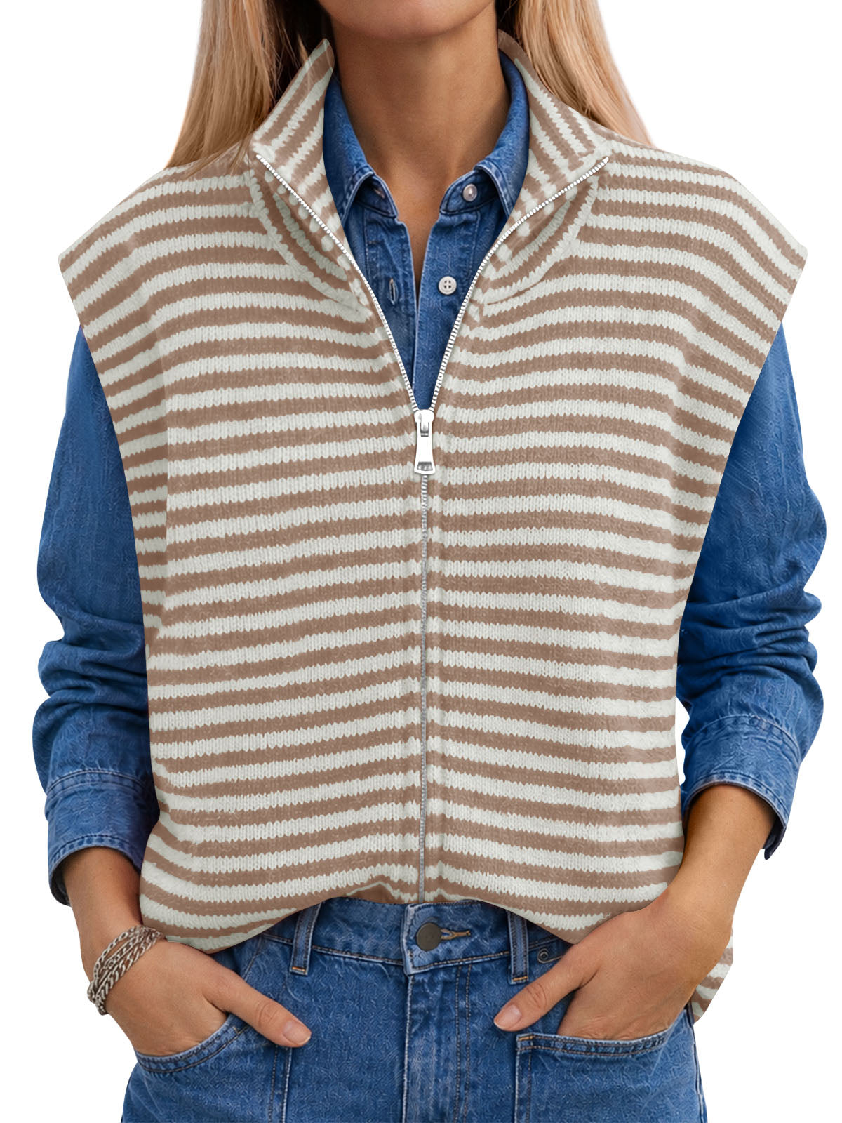 usvara Women Striped Zip Up Knit Cardigan