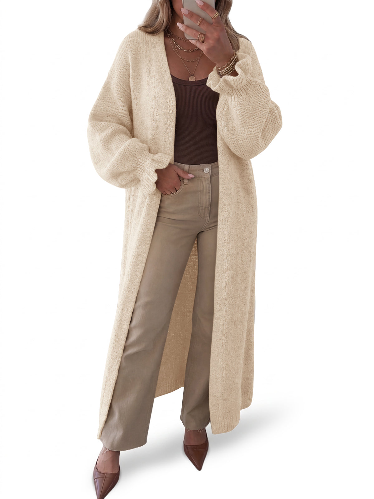 usvara Womens Ruffle Long Knit Cardigan