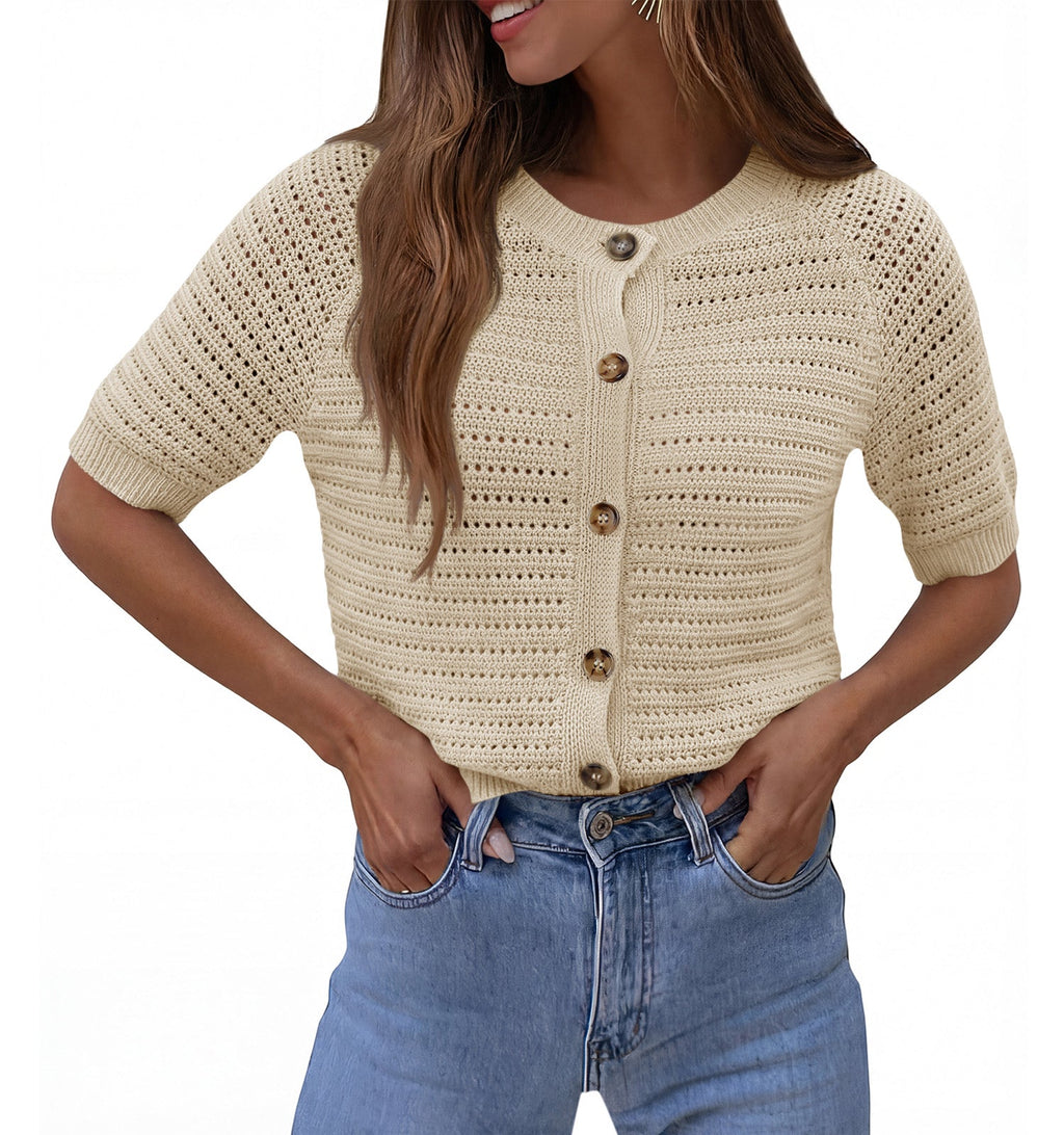 usvara Womens Crochet Short Sleeve Button Down Cardigan