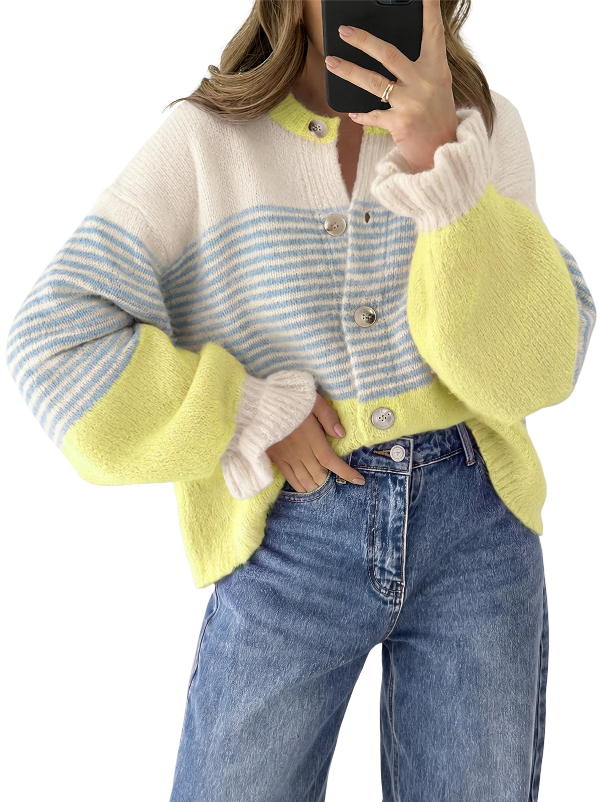 usvara Womens Striped Ruffle Sleeve Cardigan Coats