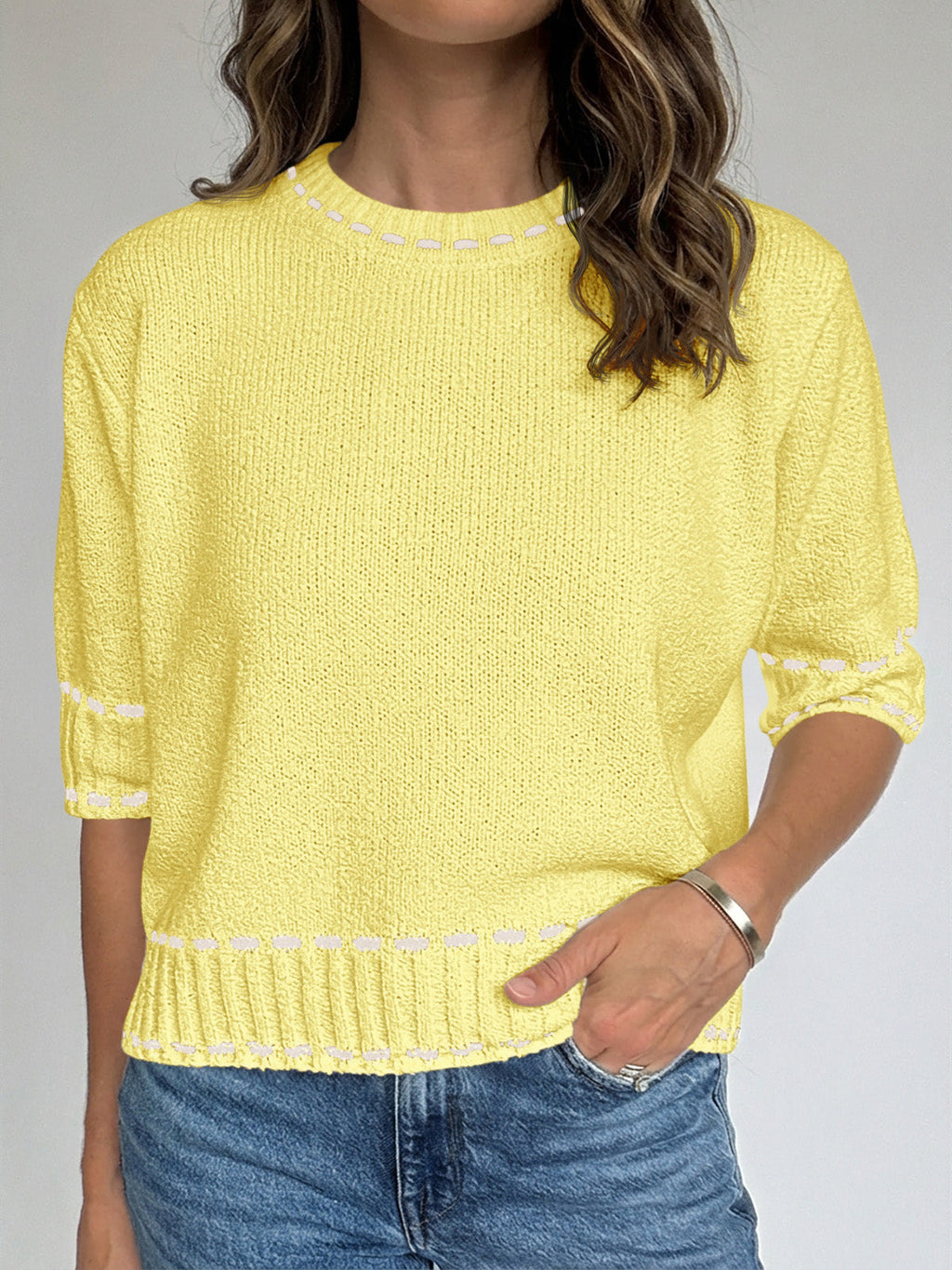 usvara Womens Cropped Crew Neck Knit Sweater