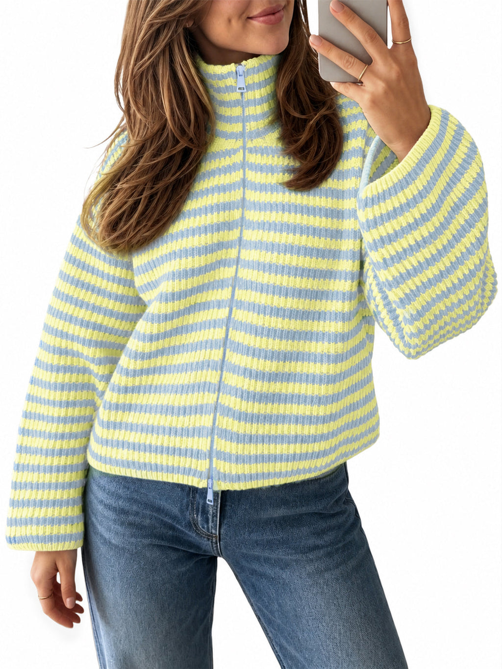 usvara Womens Striped Zip Knit Cardigan